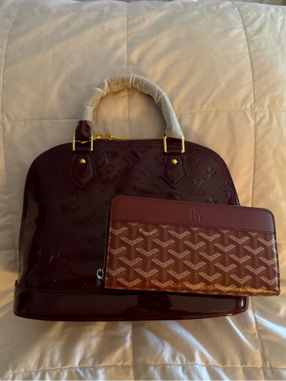 Beautiful New Burgundy Satchel Bag with Patterned Wallet